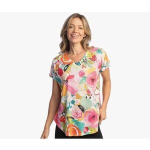 Jess & Jane Sangria Floral Print Top V-Neck Short Sleeve Colorful‎ Made in USA S